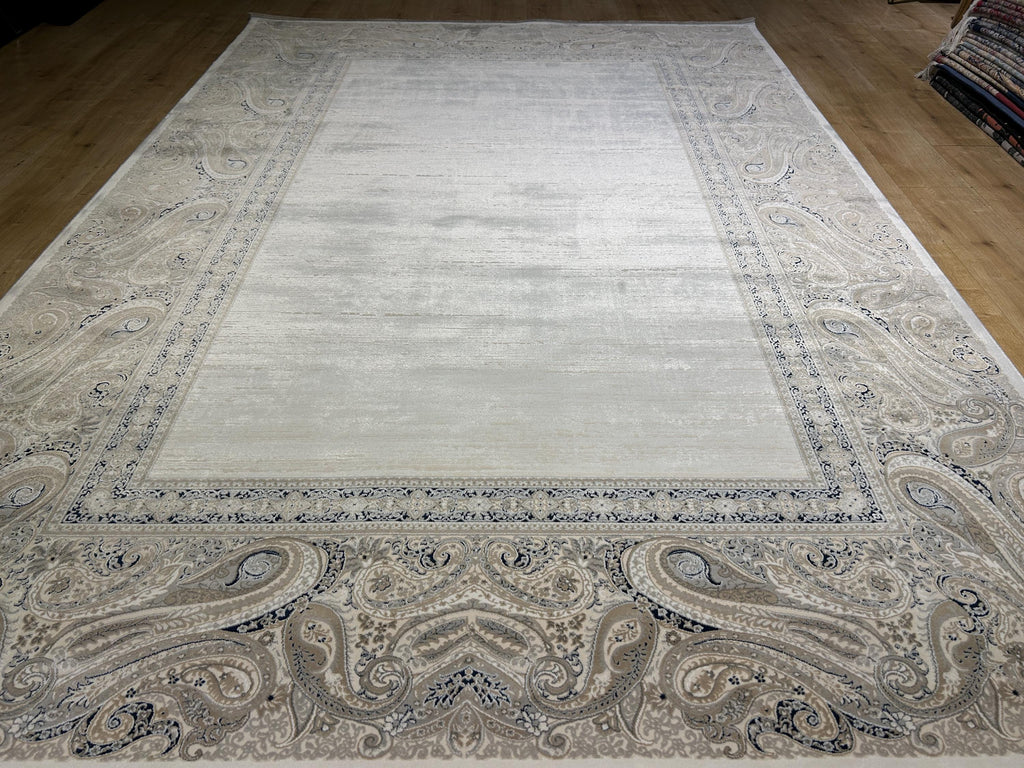 Cream Background Bamboo Rug with Beige Gray Navy Blue Border Design, Classic Home Decor