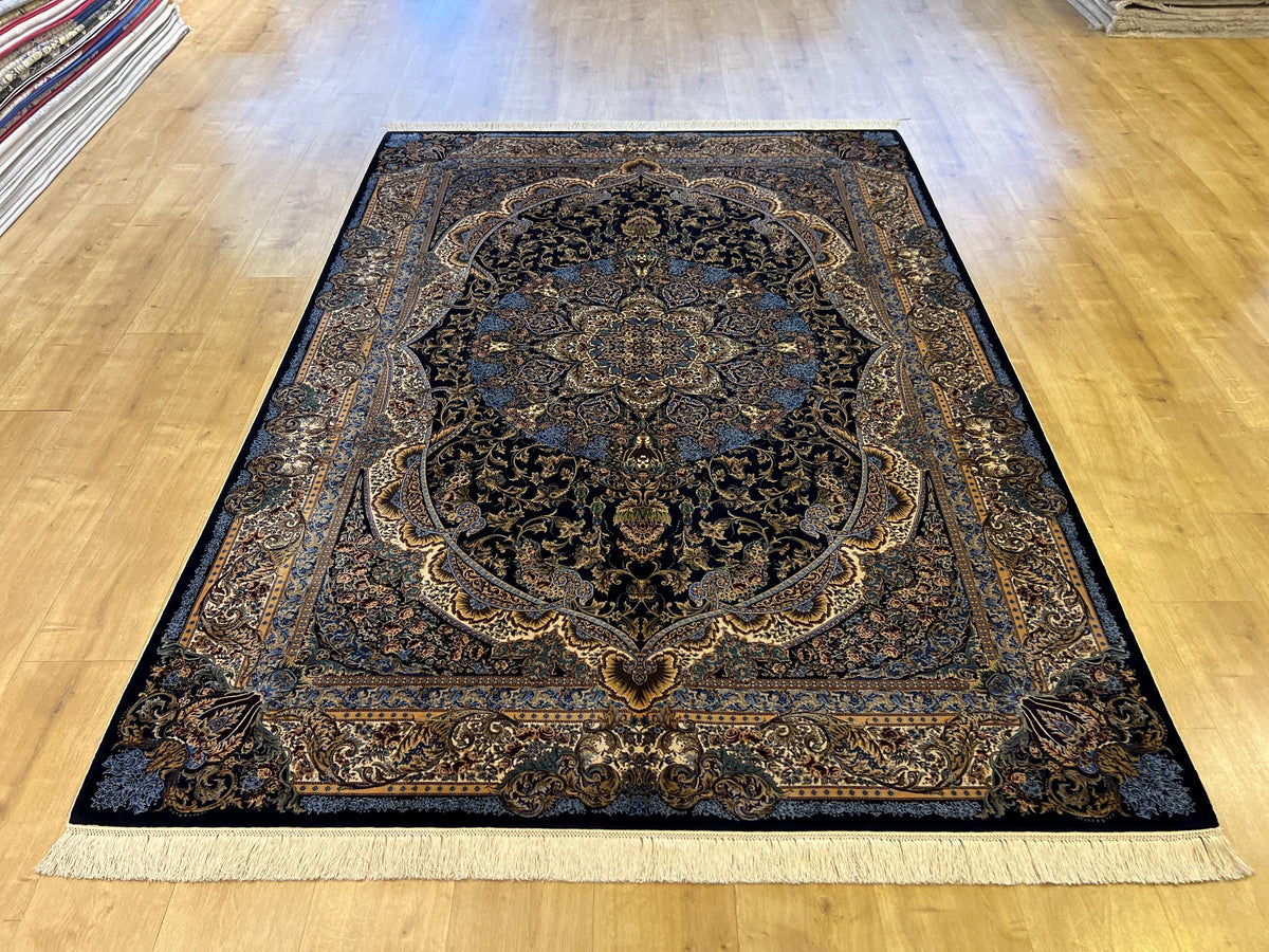 5x8 ft Black Blue Silk Carpet, Luxury Turkish Home Decor, Medallion Silk Rug