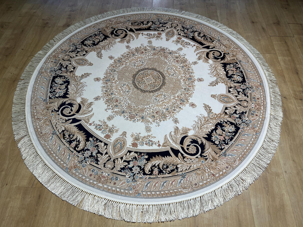 5x5 ft Round Tukish Silk Rug, Floral Gold Medallion, White Blue Carpet
