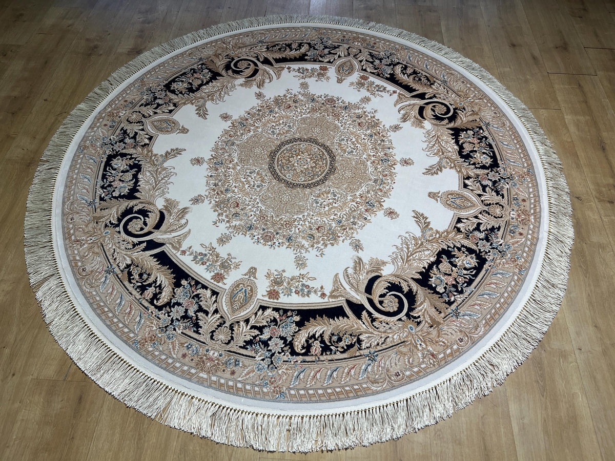 5x5 ft Round Tukish Silk Rug, Floral Gold Medallion, White Blue Carpet