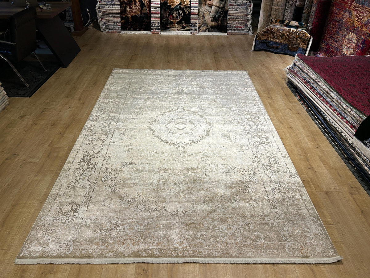 Light Brown Beige Silk Rug, Medallion Design Classic Silk Carpet