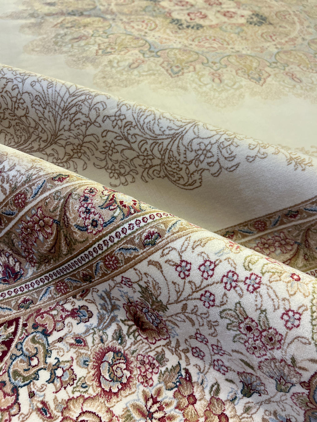 Ivory Bamboo Silk Rug 10x13 ft, Elegant Large Area Rug with Classic Medallion Pattern