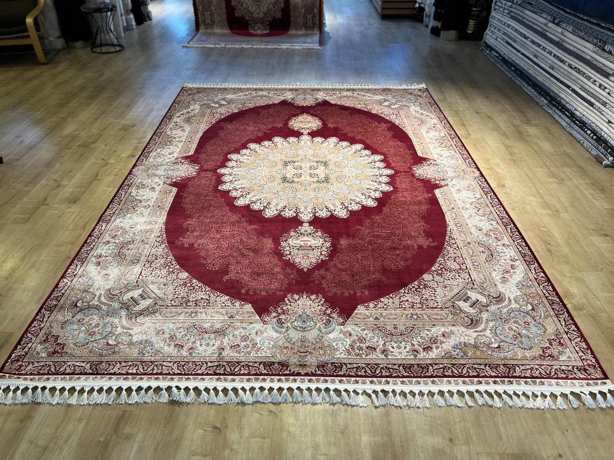 8x11 ft Bamboo Silk Rug, Large Luxury Area Rug with Red Medallion Design