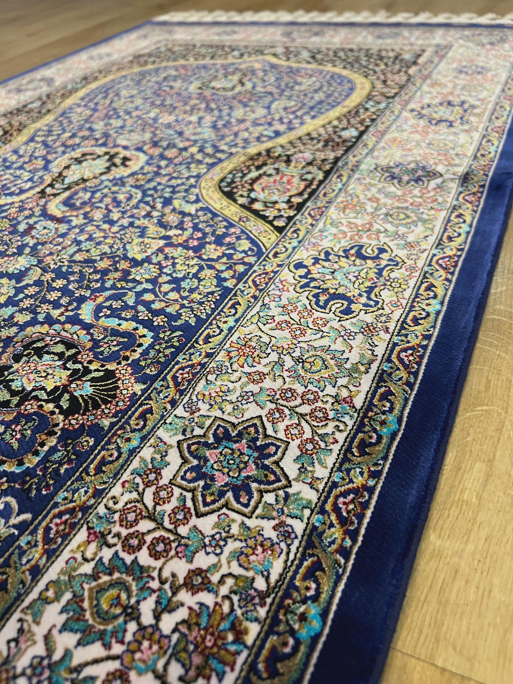 Navy Blue Silk Muslim Prayer Rug, Janamaz Mat, Prayer Gift