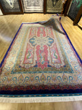 Pink Navy Medallion Design Silk Carpet, Turkish Style Carpet, Luxury Rug