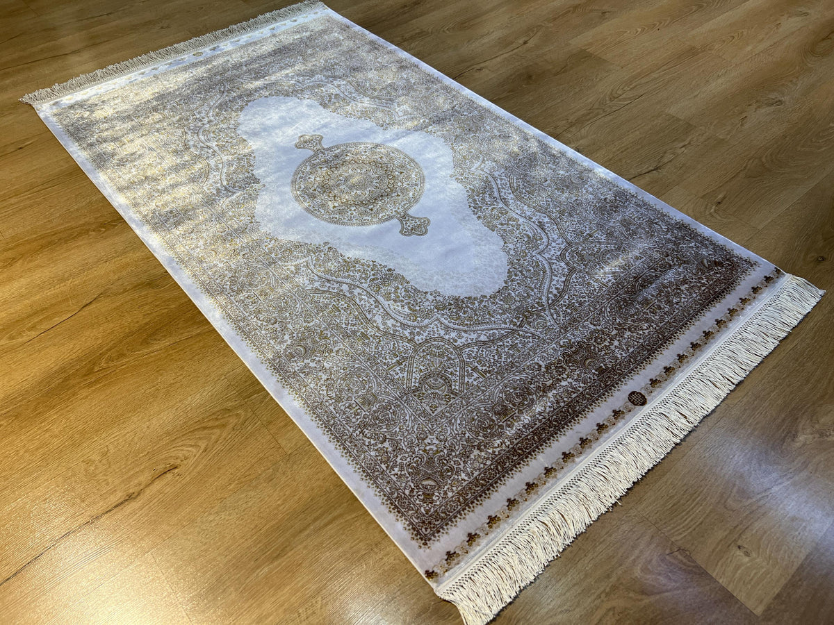 Ivory Silk Rug with Gold Pattern and Medallion, 3x5 ft, Classic Luxury Small Rug