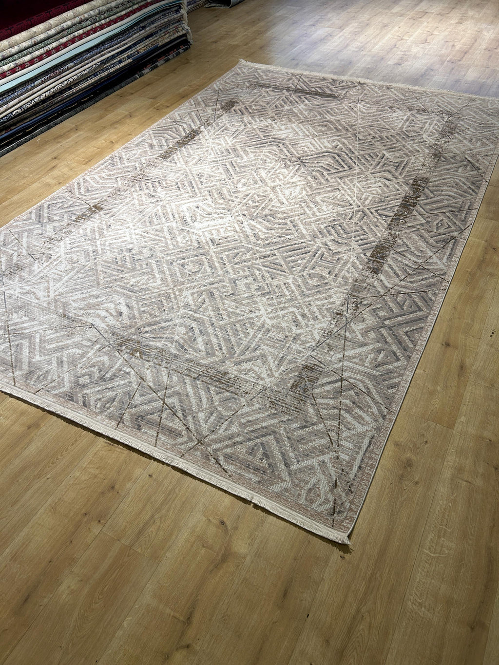 7x10 Ft Gray Beige Geometric Pattern Bamboo Rug, Bamboo Carpet, Modern Home Decor