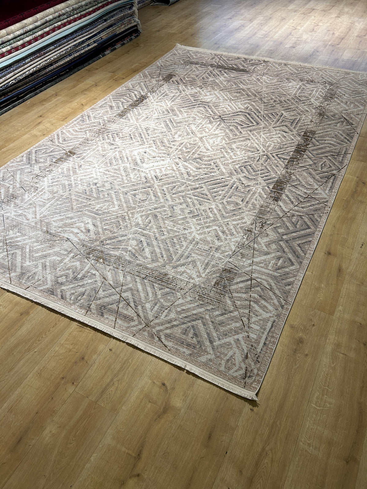 7x10 Ft Gray Beige Geometric Pattern Bamboo Rug, Bamboo Carpet, Modern Home Decor