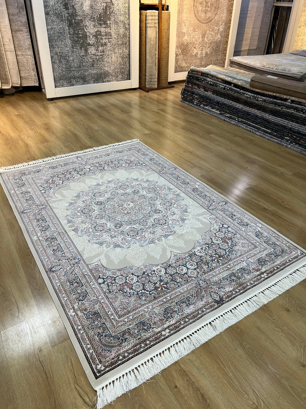 Ivory Blue Silk Rug, Medallion Design Luxury Carpet