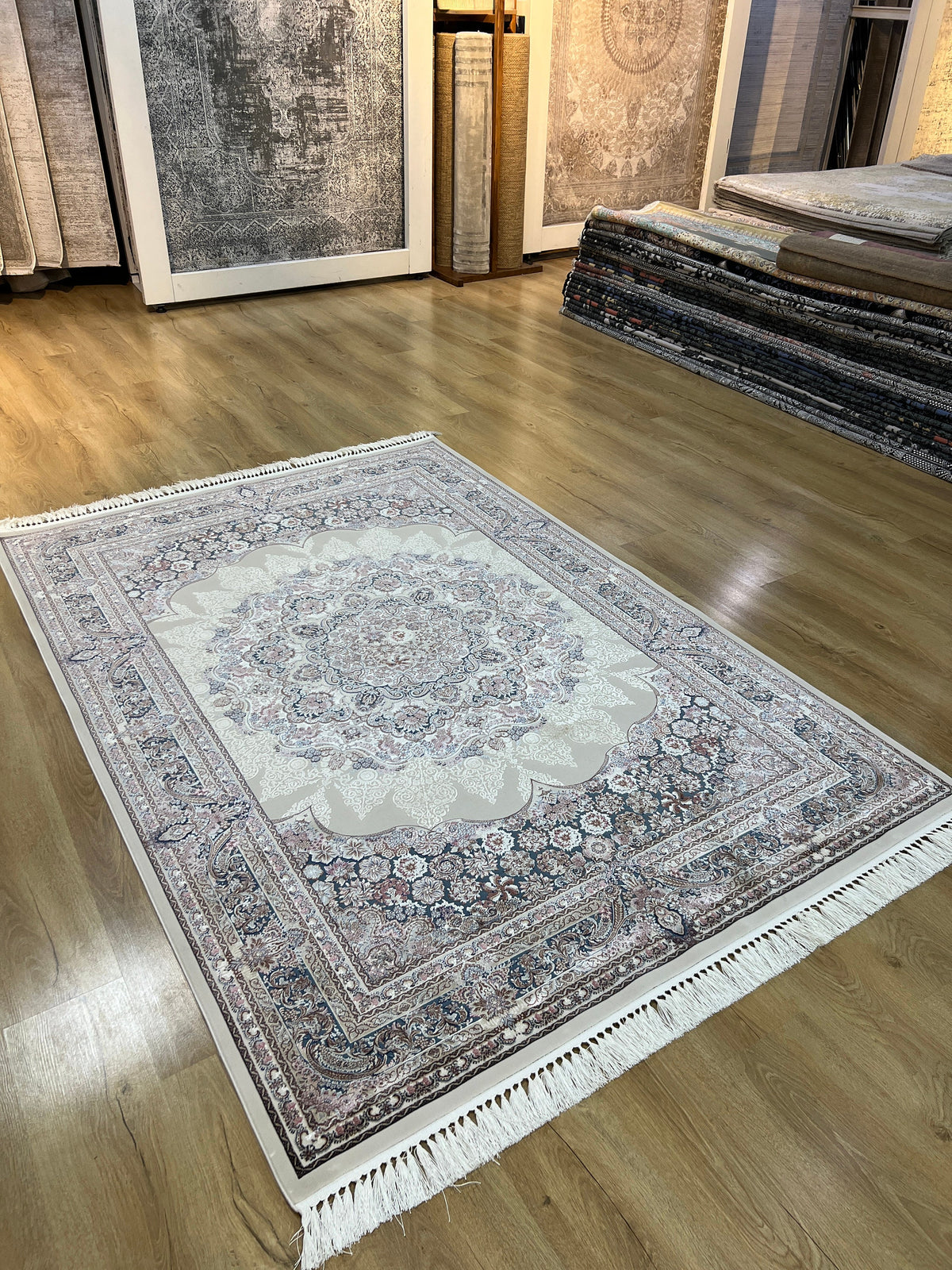 Ivory Blue Silk Rug, Medallion Design Luxury Carpet