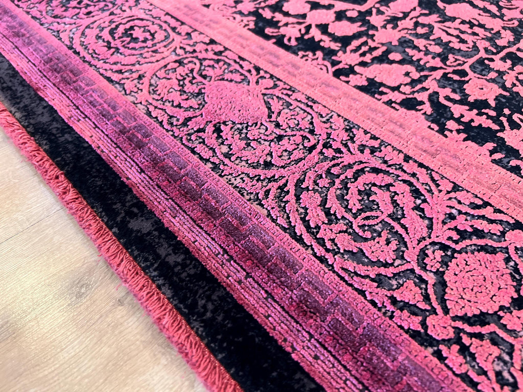 5x8 ft Black Bamboo Rug with Red Medallion and Border