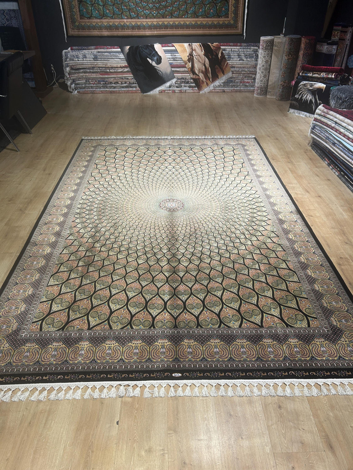 Gold Black Silk Rug, Medallion Peacock Tail Design Rug, Traditional Pattern Carpet