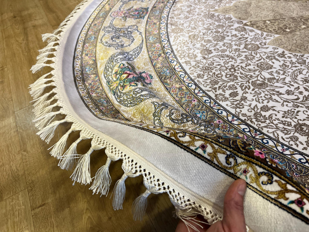 Ivory Gold Silk Round Rug, Medallion Design Rug, Classic Style Carpet