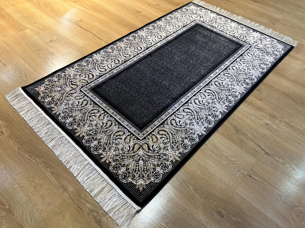 Black Silk Rug with Framed Border, 3x5 ft, Classic Luxury Small Rug
