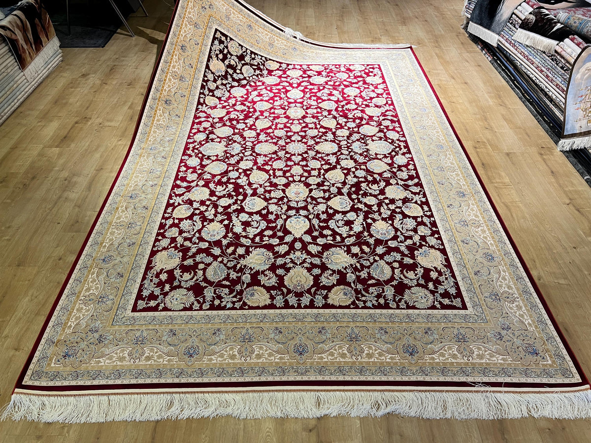 7x10ft Red Floral Silk Rug, Traditional Bordered Rug, Luxury Home Decor