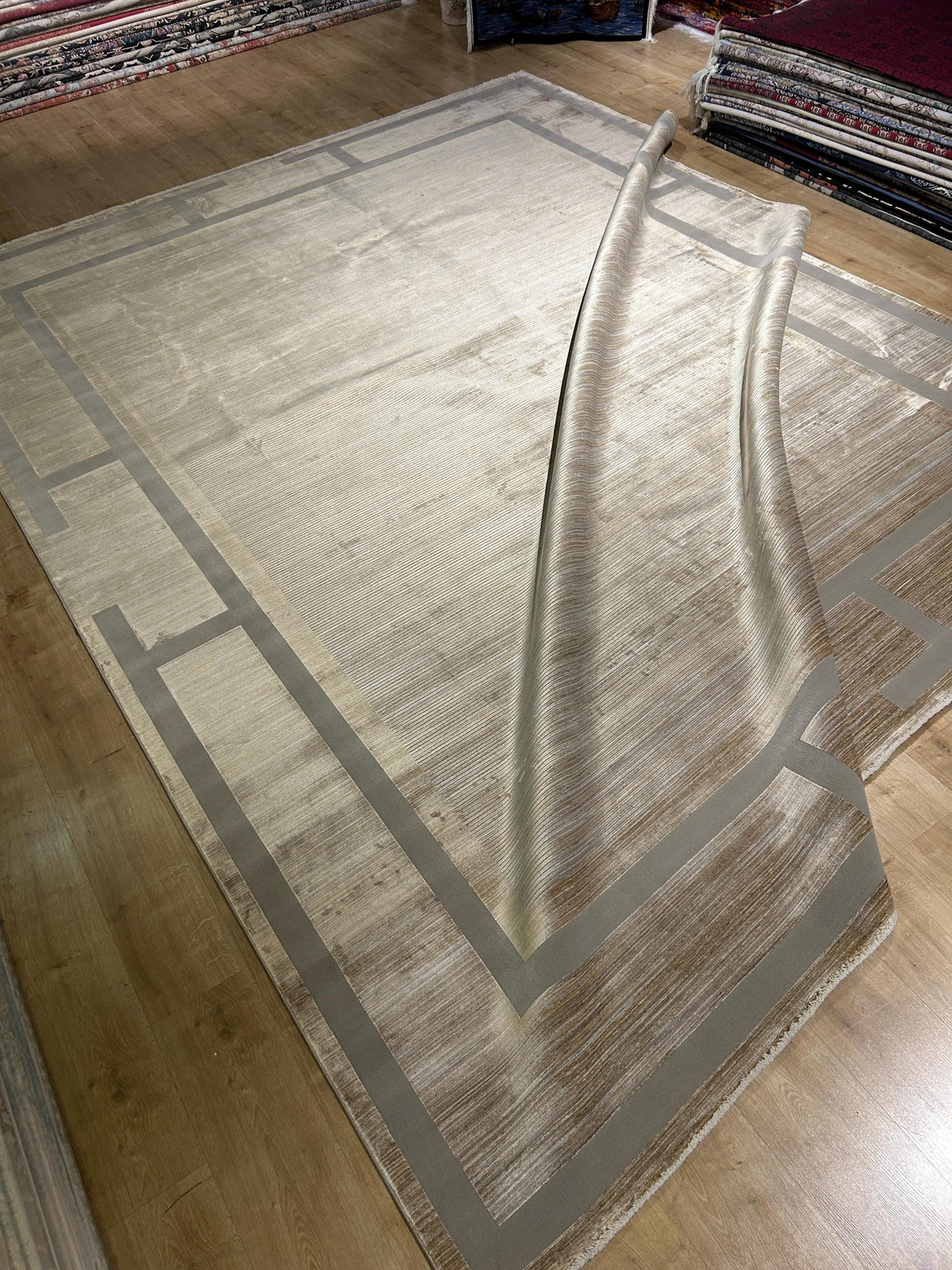 10x13 ft Beige Gray Bamboo Rug, Bordered Modern Rug
