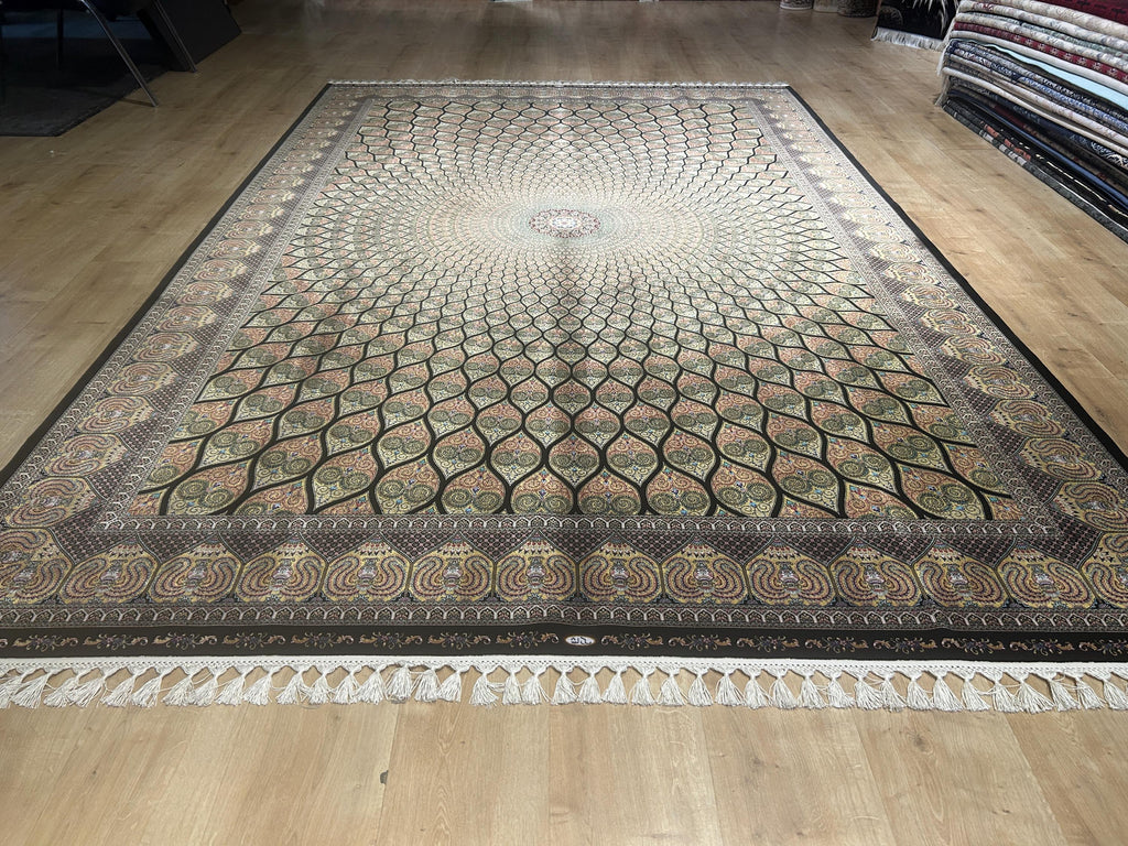 Gold Black Silk Rug, Medallion Peacock Tail Design Rug, Traditional Pattern Carpet
