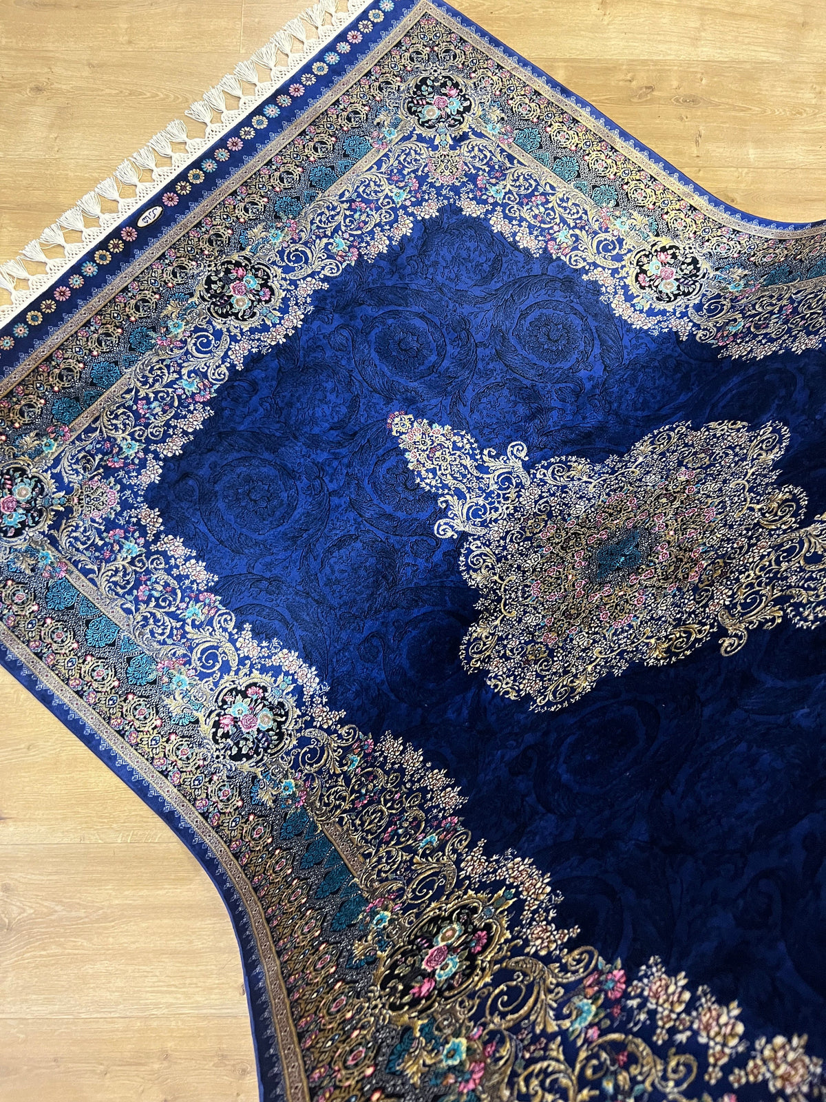 Navy Blue Silk Rug with Gold Floral Patterns, 4x6 ft, Classic Medallion Area Rug