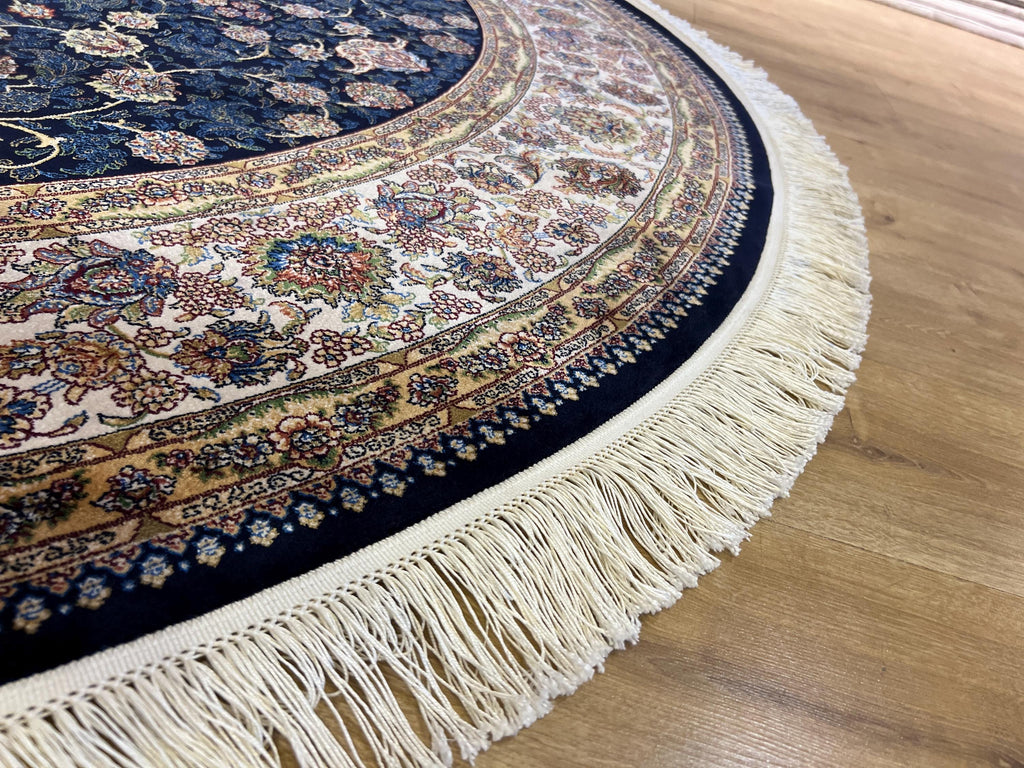 7x7 Ft Round Navy Blue Silk Rug, Floral Pattern Design, Classic Luxury Area Rug