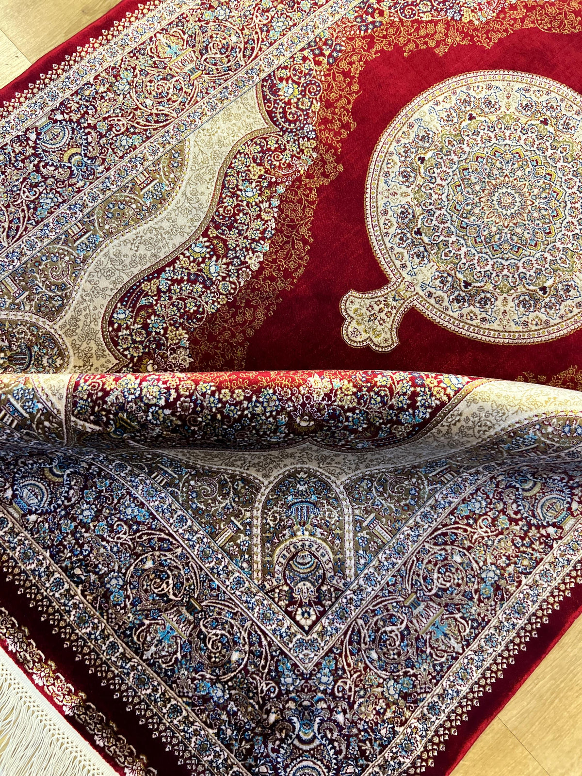 Red Medallion Silk Turkish Rug, Floral Pattern 3x10 ft Runner