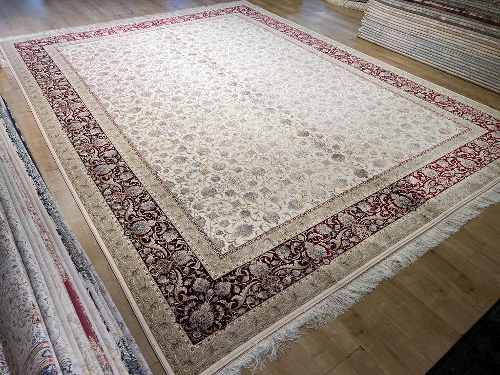 Cream Red Silk Rug, 10x13 ft, Large Classic Luxury Area Rug