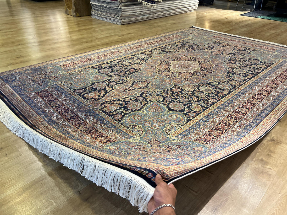 7x10 ft Dark Blue Silk Rug, Classic Medallion Design Silk Carpet, Luxury Home Decor