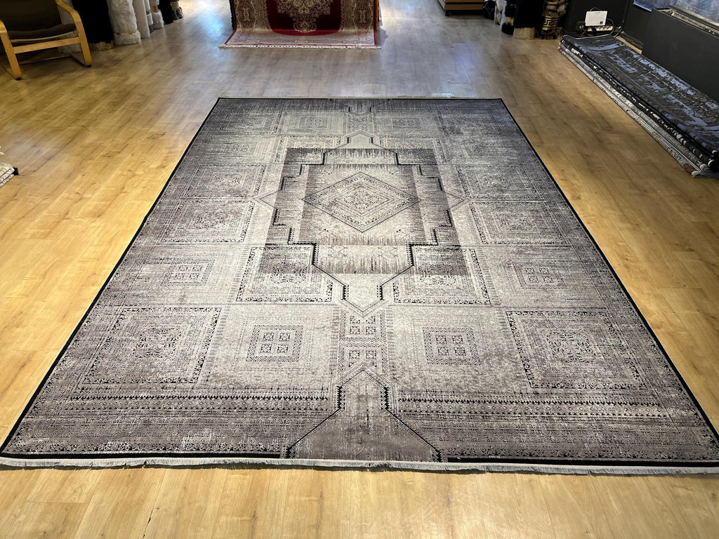 8x11 ft Gray Geometric Bamboo Rug with Ethnic Patterns, Modern Natural Carpet