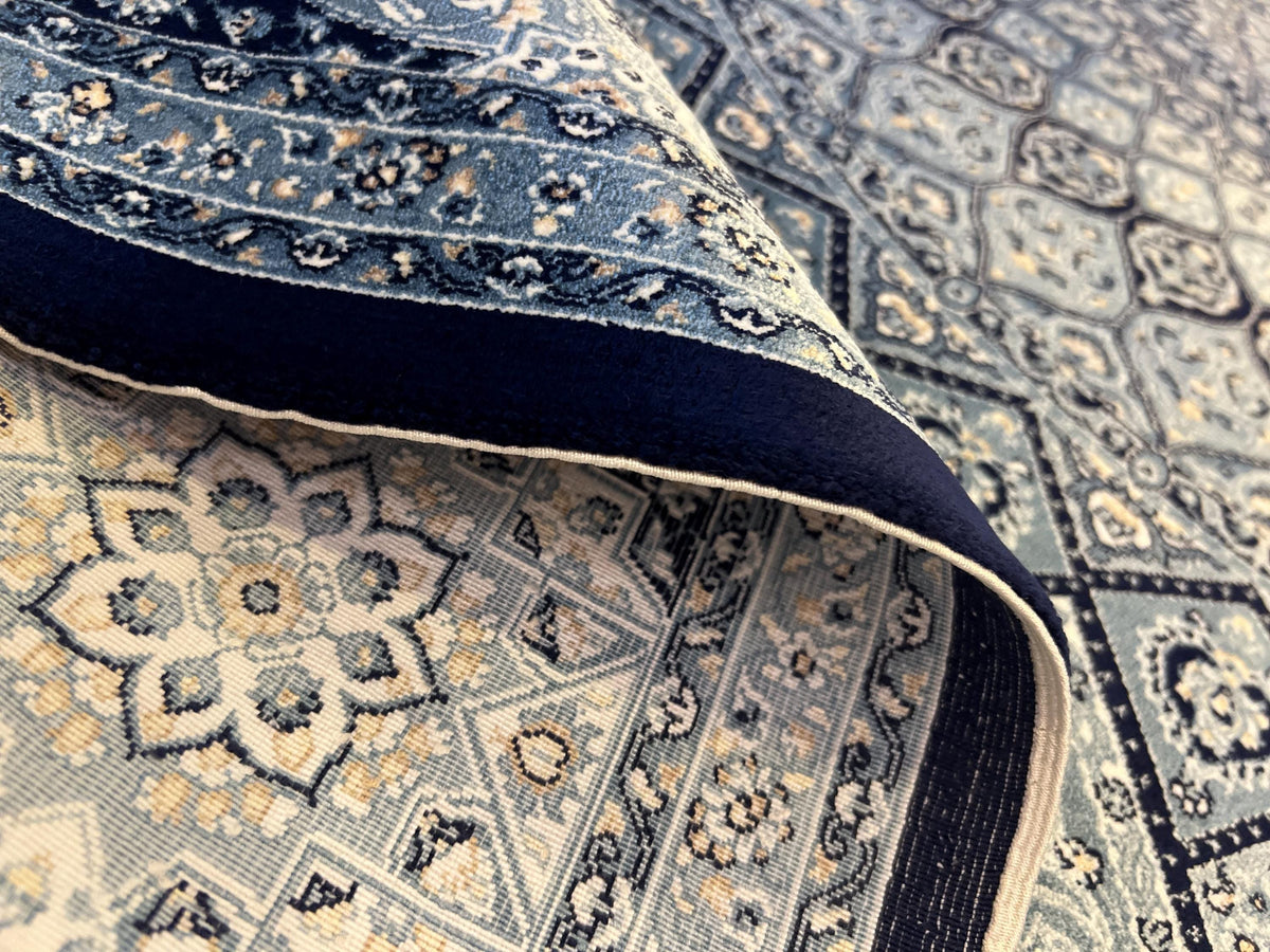5x8 Silk Rug, Navy Blue White Medallion, Classic Turkish Style, Luxury Carpet
