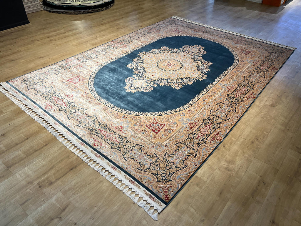 Blue Beige Silk Palace Rug, Traditional Turkish Carpet 8x11