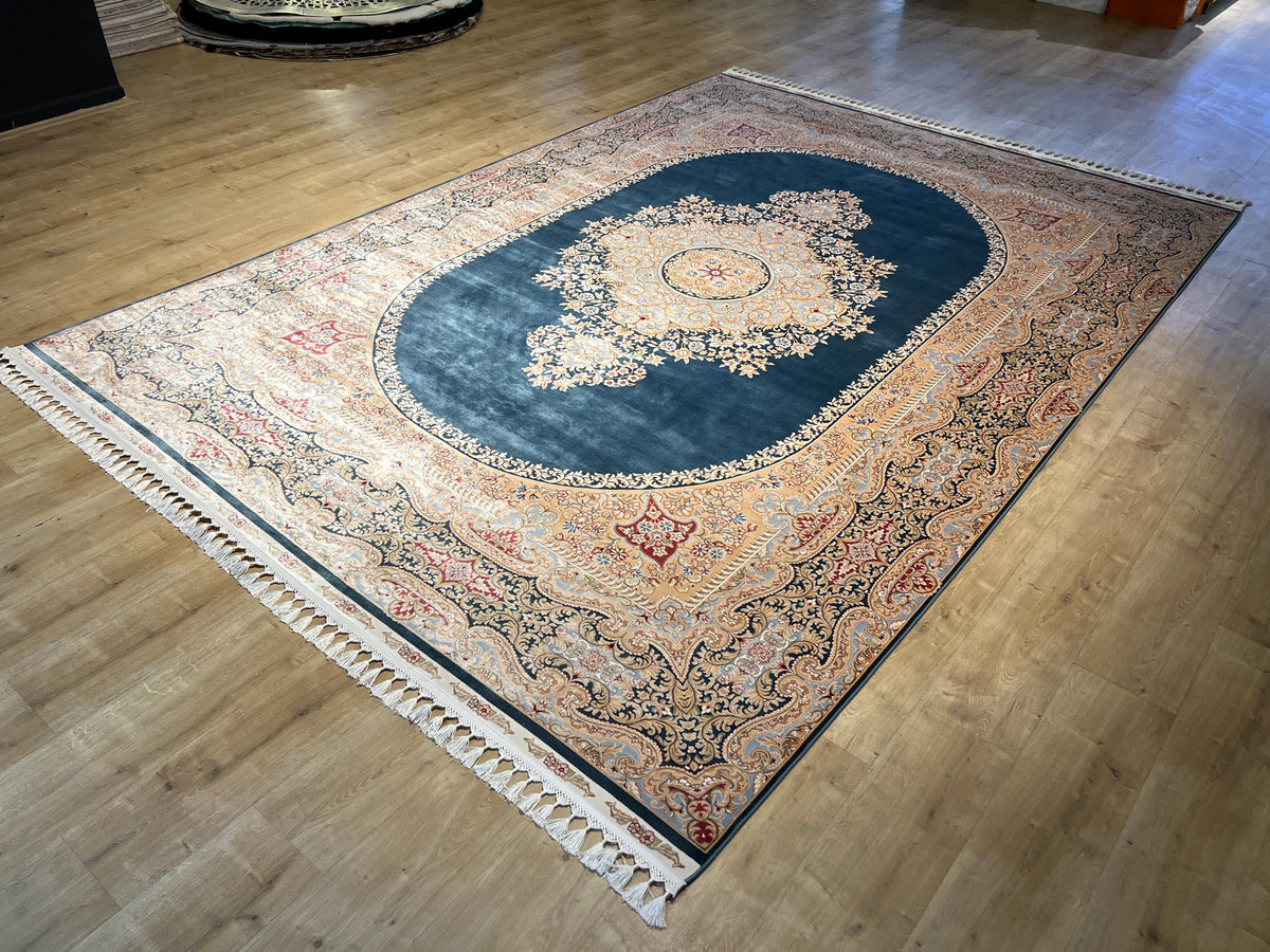 Blue Beige Silk Palace Rug, Traditional Turkish Carpet 8x11