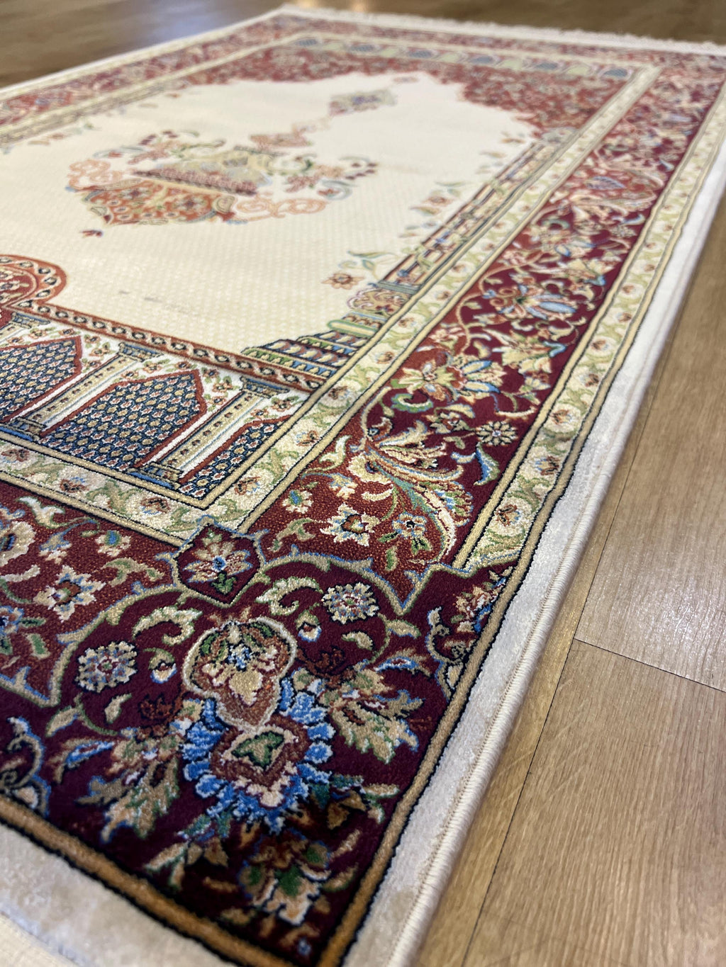 Silk Prayer Rug, Red Cream Muslim Gift Mat, Janamaz Rug 2.62x4.10 ft