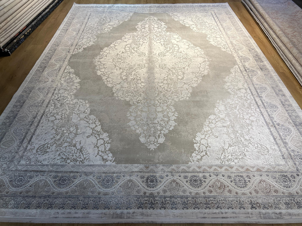 Gray Bamboo Rug, 10x13 ft, Large Classic Medallion Design Area Rug