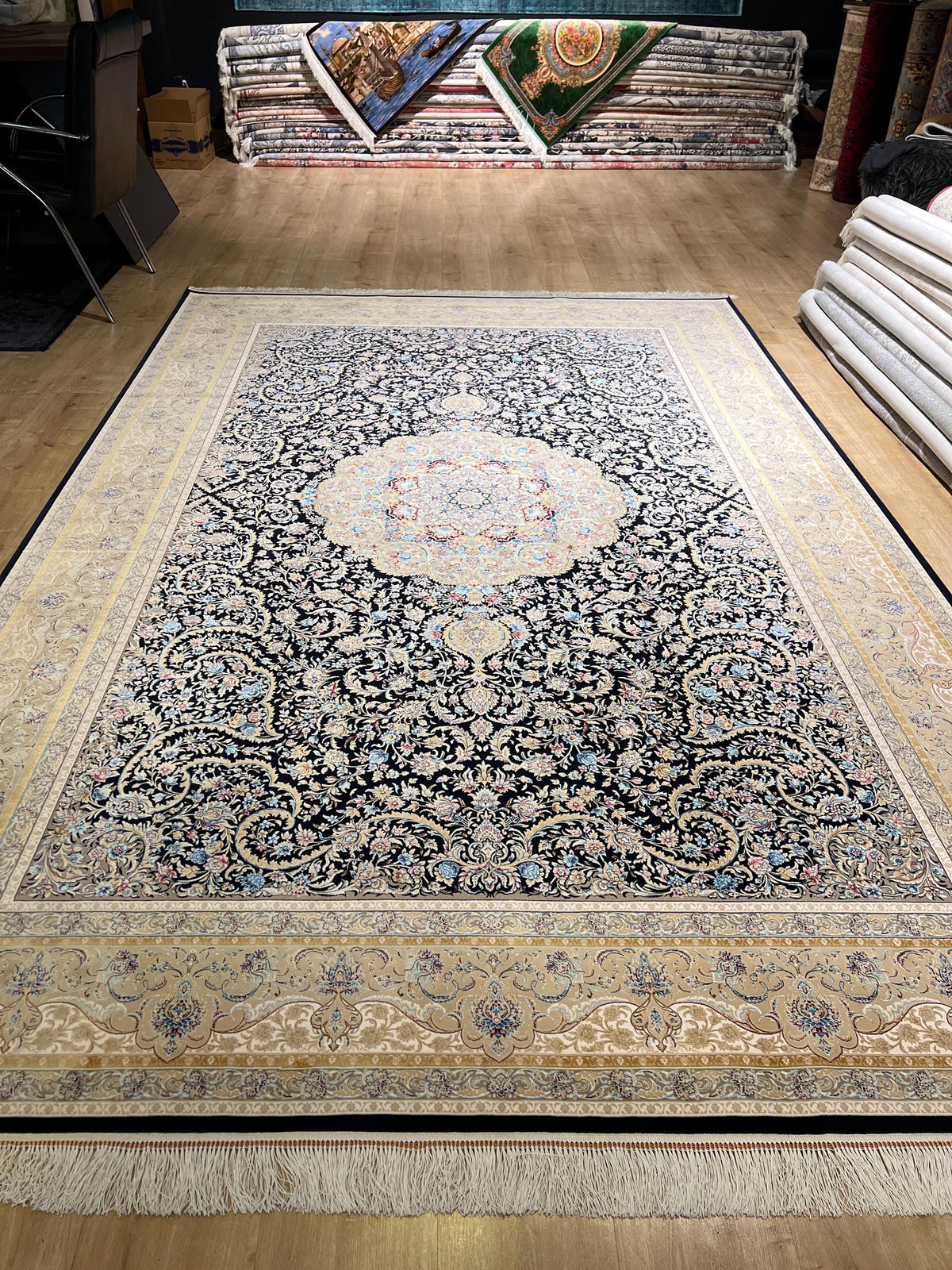 7x10ft Dark Blue Floral Silk Rug, Classic Medallion Oriental Area Rug, Living Room Carpet