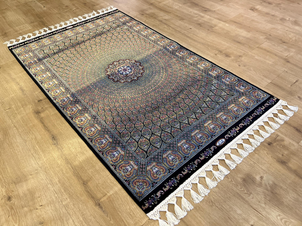 Black Gold Silk Turkish Rug, Small Gift Carpet, Home Decor