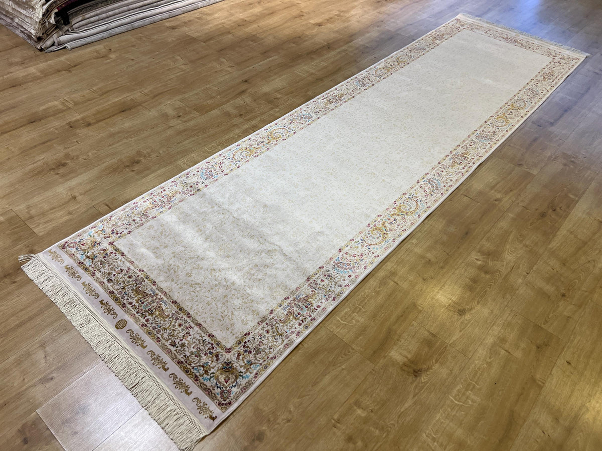 Cream Gold Silk Turkish Rug, 3x10 ft, Luxury Hallway Rug