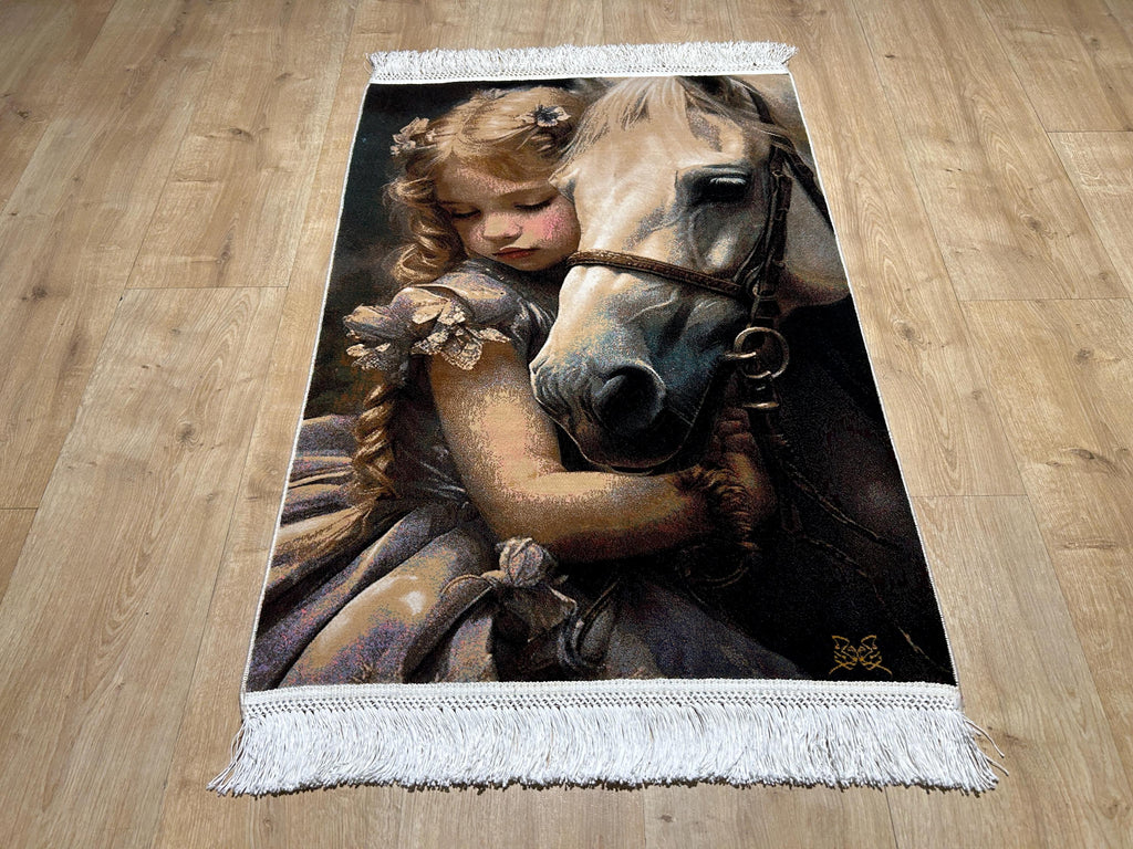2x3 ft Horse Tapestry, Little Girl and Horse, Silk Rug, Woven Wall Art