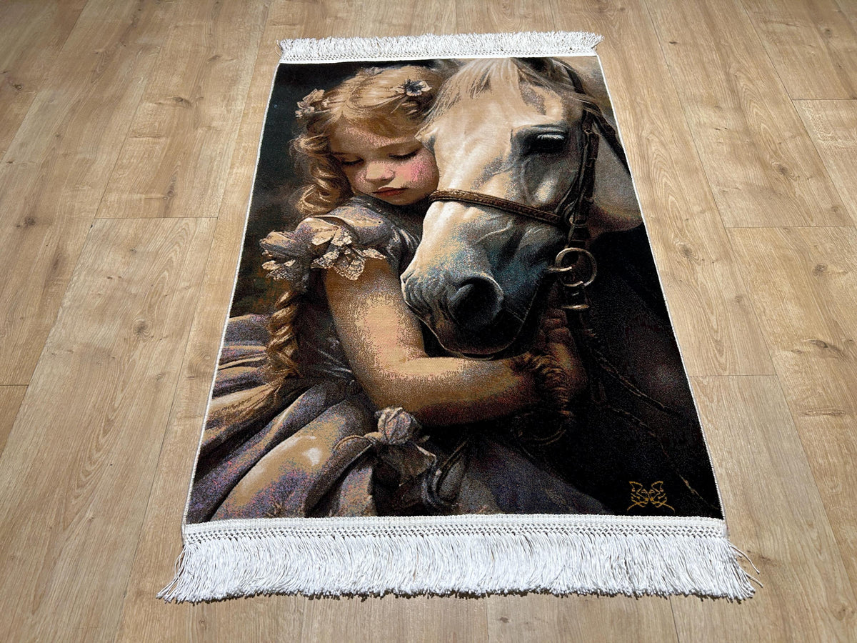 2x3 ft Horse Tapestry, Little Girl and Horse, Silk Rug, Woven Wall Art
