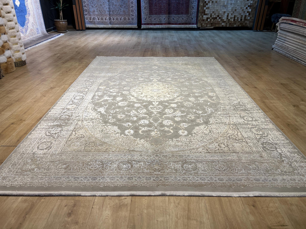 7x10 Beige Gold Bamboo Rug, Medallion Classic Carpet, Luxury Living Room Rug