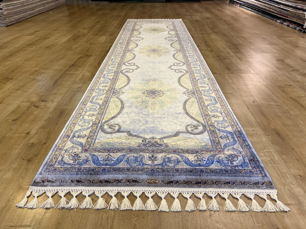 Gray Gold Medallion Silk Runner Rug, 3x10 ft, Classic Luxury Hallway Rug