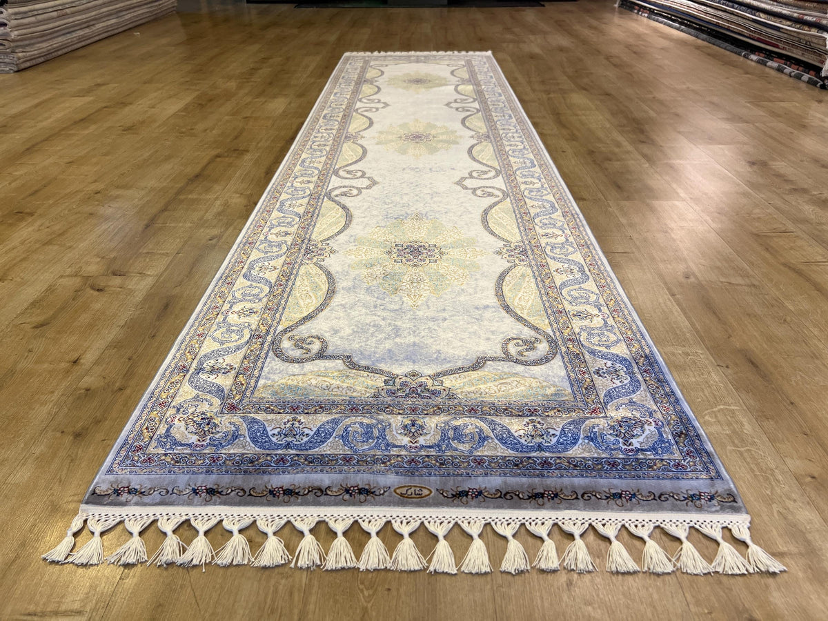 Gray Gold Medallion Silk Runner Rug, 3x10 ft, Classic Luxury Hallway Rug