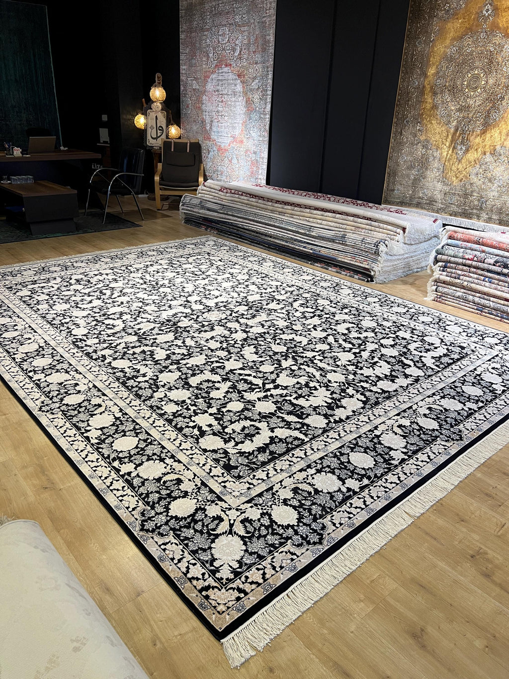 10x13 ft Black Classic Silk Rug with Gold Floral Motifs, Big Silk Carpet