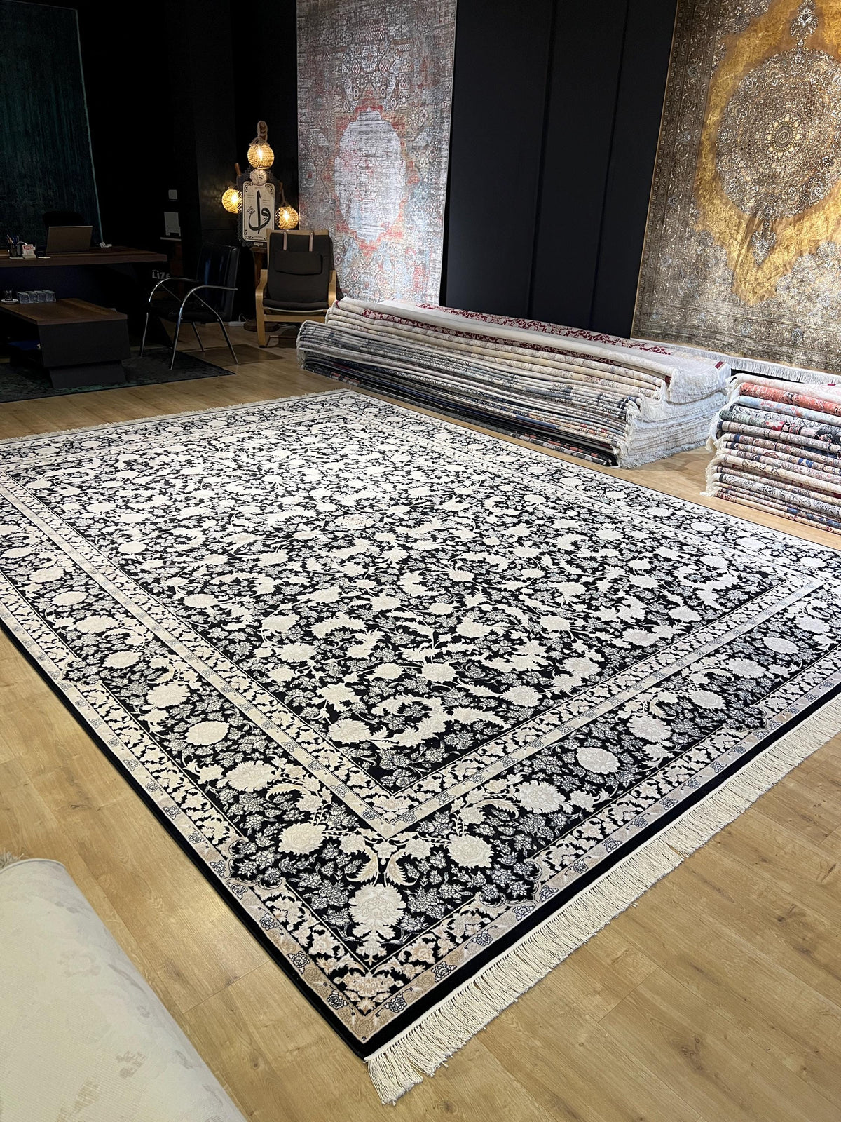 10x13 ft Black Classic Silk Rug with Gold Floral Motifs, Big Silk Carpet