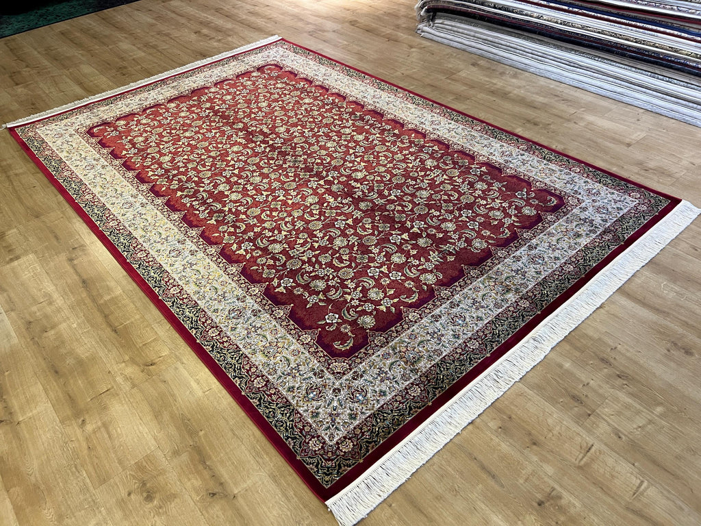 Red Modal Silk Turkish Carpet, Palace Style Rug, 7x10 ft