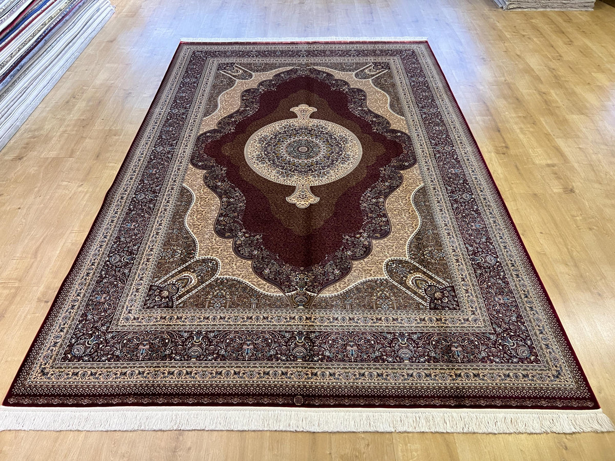 7x10 ft Red Modal Silk Rug, Ornate Medallion Floral Pattern, Luxury Turkish Large Carpet