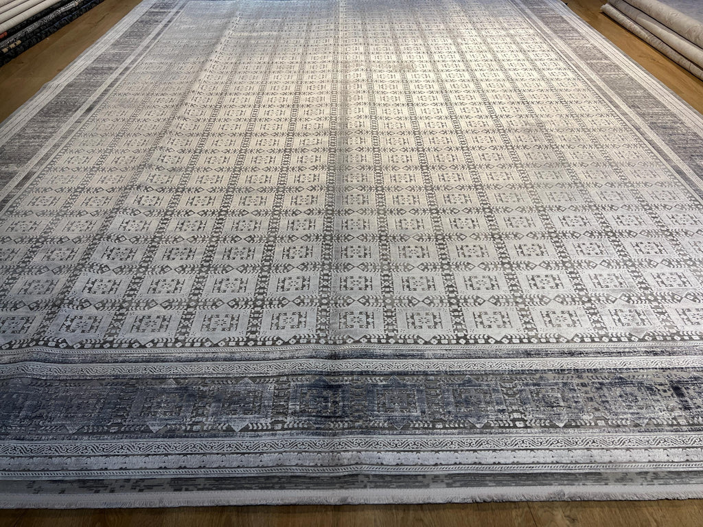 10x13 ft Gray Traditional Ethnic Geometric Bamboo Rug with Border