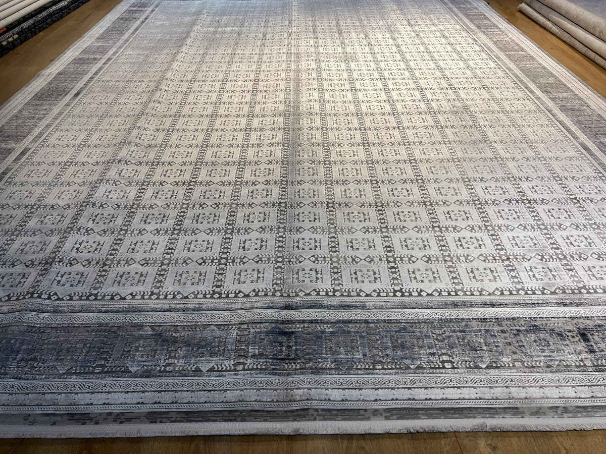 10x13 ft Gray Traditional Ethnic Geometric Bamboo Rug with Border