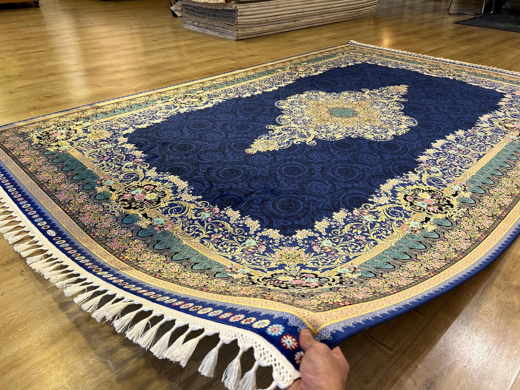 7x10 ft Navy Blue Silk Rug with Floral Medallion, Classic Turkish Style