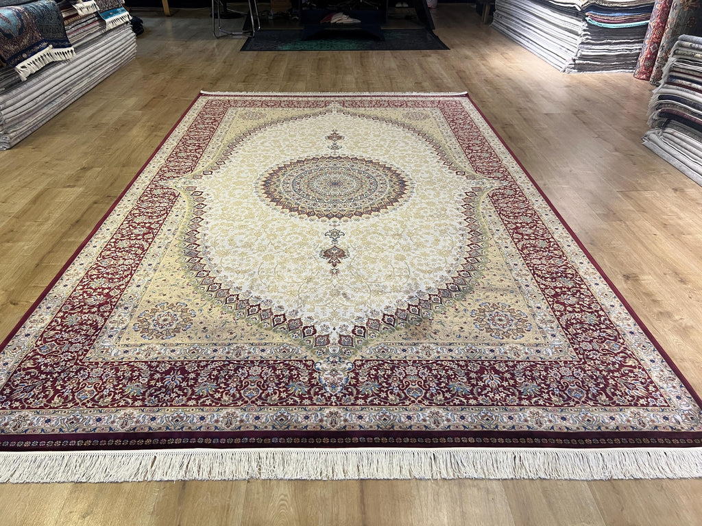 7x10 Bamboo Silk Rug, Red Gold Medallion Design, Beige Classic Turkish Carpet