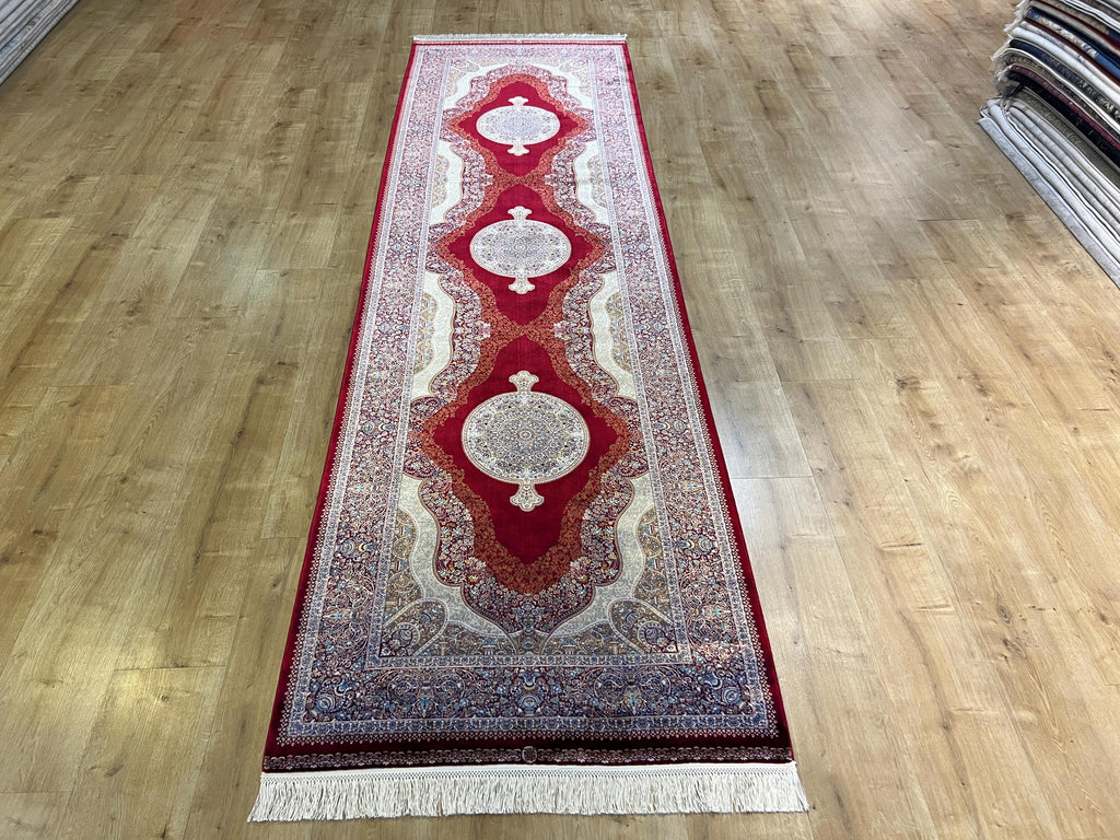 Red Medallion Silk Turkish Rug, Floral Pattern 3x10 ft Runner