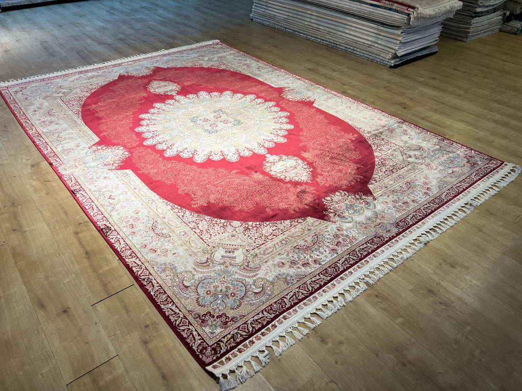 8x11 ft Bamboo Silk Rug, Large Luxury Area Rug with Red Medallion Design
